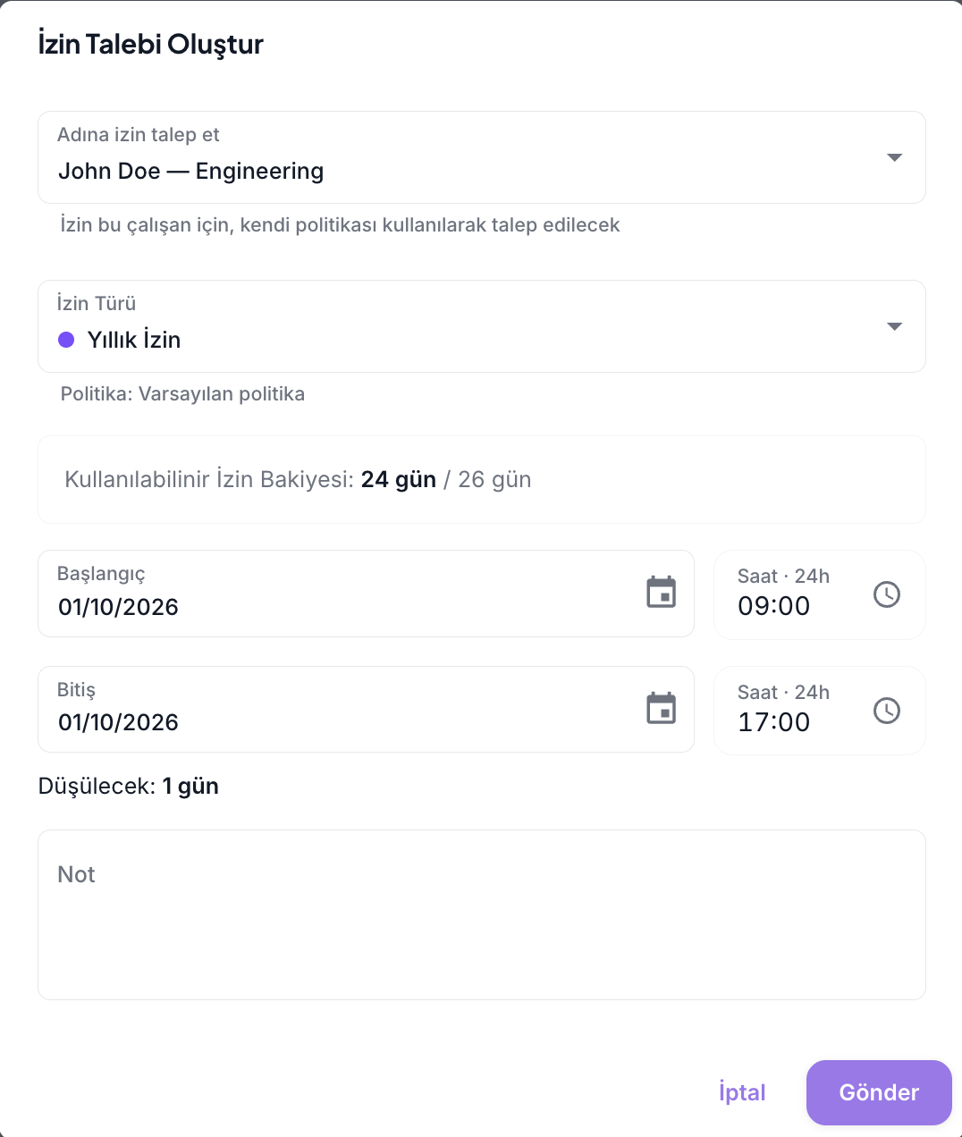 Employee, leave type, balance, and date fields in the request form
